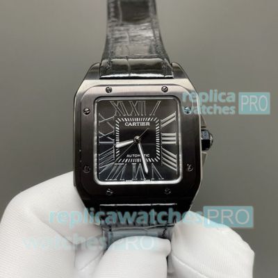 HY Factory Replica Cartier All Black Santos Swiss 2824 Couple's 100th Anniversary Watch 